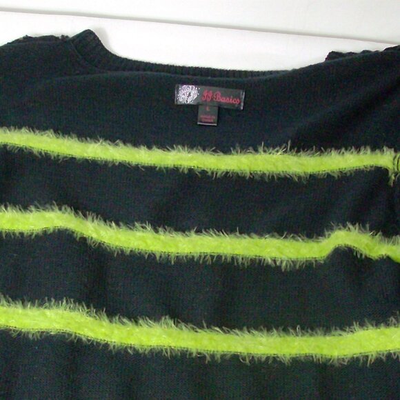 J.J. Basics Black sweater with Lime Green Fur/Fuzzy Stripes Size L - Picture 7 of 11
